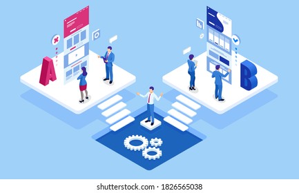 Isometric AB testing, comparison concept. Split Testing web page comparing.