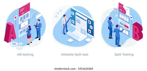 Isometric AB Testing, Comparison Concept. Split Testing Web Page Comparing. Website Split Test