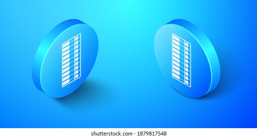 Isometric Abacus icon isolated on blue background. Traditional counting frame. Education sign. Mathematics school. Blue circle button. Vector.