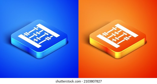 Isometric Abacus icon isolated on blue and orange background. Traditional counting frame. Education sign. Mathematics school. Square button. Vector Illustration