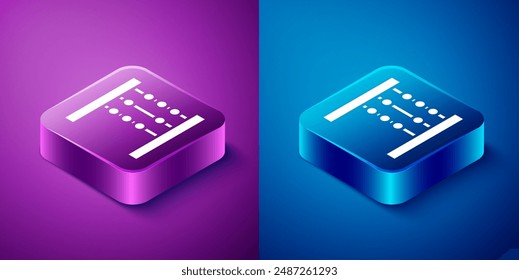 Isometric Abacus icon isolated on blue and purple background. Traditional counting frame. Education sign. Mathematics school. Square button. Vector Illustration