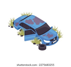 Isometric abandoned broken car after natural disaster or military action 3d vector illustration