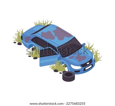 Isometric abandoned broken car after natural disaster or military action 3d vector illustration