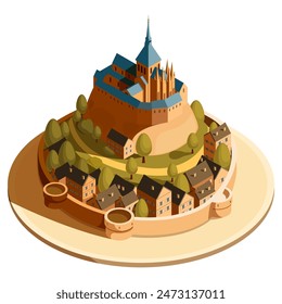 isometric abbey mont saint michel landmark france, vector illustration