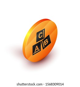 Isometric ABC blocks icon isolated on white background. Alphabet cubes with letters A,B,C. Orange circle button. Vector Illustration