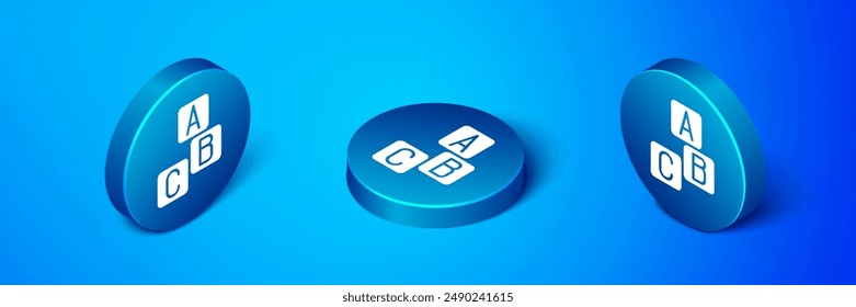 Isometrisches ABC-Blocksymbol auf blauem Hintergrund isoliert. Alphabet-Würfel mit den Buchstaben A, B, C. Blauer Kreis-Button. Vektorgrafik