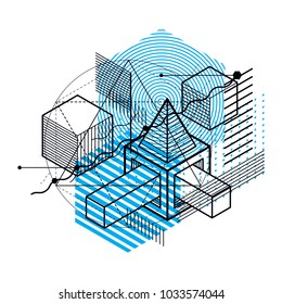 Isometric abstract background with linear dimensional shapes, vector 3d mesh elements. Composition of cubes, hexagons, squares, rectangles and different abstract elements.
