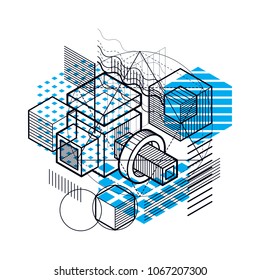 Isometric abstract background with linear dimensional shapes, vector 3d mesh elements. Composition of cubes, hexagons, squares, rectangles and different abstract elements.