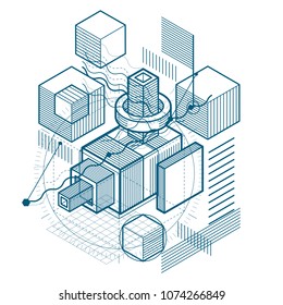 Isometric abstract background with linear dimensional shapes, vector 3d mesh elements. Composition of cubes, hexagons, squares, rectangles and different abstract elements.