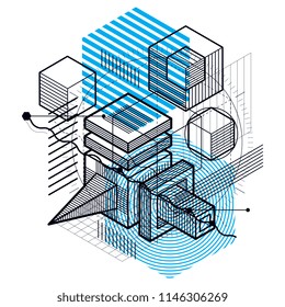 Isometric abstract background with linear dimensional shapes, vector 3d mesh elements. Composition of cubes, hexagons, squares, rectangles and different abstract elements.
