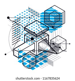 Isometric abstract background with linear dimensional shapes, vector 3d mesh elements. Composition of cubes, hexagons, squares, rectangles and different abstract elements.