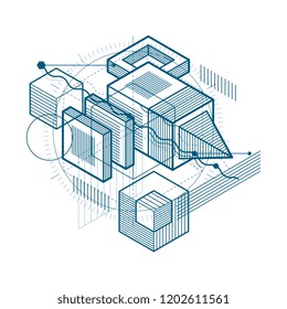 Isometric abstract background with linear dimensional shapes, vector 3d mesh elements. Composition of cubes, hexagons, squares, rectangles and different abstract elements.