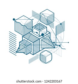 Isometric abstract background with linear dimensional shapes, vector 3d mesh elements. Composition of cubes, hexagons, squares, rectangles and different abstract elements.
