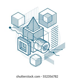 Isometric abstract background with linear dimensional shapes, vector 3d mesh elements. Composition of cubes, hexagons, squares, rectangles and different abstract elements.