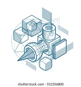 Isometric abstract background with linear dimensional shapes, vector 3d mesh elements. Composition of cubes, hexagons, squares, rectangles and different abstract elements.