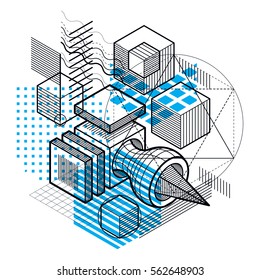 Isometric abstract background with linear dimensional shapes, vector 3d mesh elements. Composition of cubes, hexagons, squares, rectangles and different abstract elements.