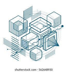 Isometric abstract background with linear dimensional shapes, vector 3d mesh elements. Composition of cubes, hexagons, squares, rectangles and different abstract elements.