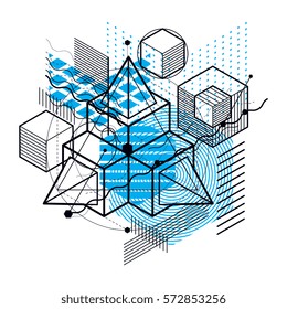 Isometric abstract background with linear dimensional shapes, vector 3d mesh elements. Composition of cubes, hexagons, squares, rectangles and different abstract elements.