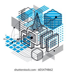 Isometric abstract background with linear dimensional shapes, vector 3d mesh elements. Composition of cubes, hexagons, squares, rectangles and different abstract elements.