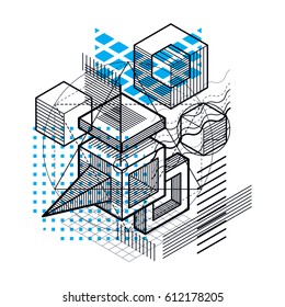 Isometric abstract background with linear dimensional shapes, vector 3d mesh elements. Composition of cubes, hexagons, squares, rectangles and different abstract elements.