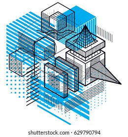 Isometric abstract background with linear dimensional shapes, vector 3d mesh elements. Composition of cubes, hexagons, squares, rectangles and different abstract elements.