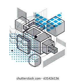 Isometric abstract background with linear dimensional shapes, vector 3d mesh elements. Composition of cubes, hexagons, squares, rectangles and different abstract elements.
