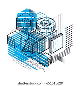 Isometric abstract background with linear dimensional shapes, vector 3d mesh elements. Composition of cubes, hexagons, squares, rectangles and different abstract elements.