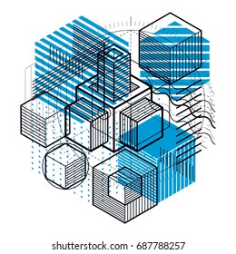 Isometric abstract background with linear dimensional shapes, vector 3d mesh elements. Composition of cubes, hexagons, squares, rectangles and different abstract elements.