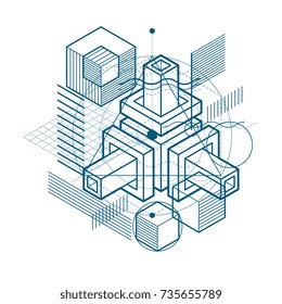 Isometric abstract background with linear dimensional shapes, vector 3d mesh elements. Composition of cubes, hexagons, squares, rectangles and different abstract elements.