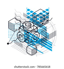 Isometric abstract background with linear dimensional shapes, vector 3d mesh elements. Composition of cubes, hexagons, squares, rectangles and different abstract elements.