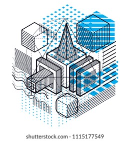 Isometric abstract background with lines and other different elements, vector abstract template. Composition of cubes, hexagons, squares, rectangles and different abstract elements.