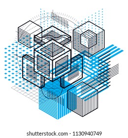 Isometric abstract background with lines and other different elements, vector abstract template. Composition of cubes, hexagons, squares, rectangles and different abstract elements.