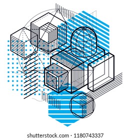 Isometric abstract background with lines and other different elements, vector abstract template. Composition of cubes, hexagons, squares, rectangles and different abstract elements.