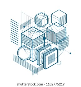 Isometric abstract background with lines and other different elements, vector abstract template. Composition of cubes, hexagons, squares, rectangles and different abstract elements.