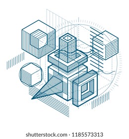 Isometric abstract background with lines and other different elements, vector abstract template. Composition of cubes, hexagons, squares, rectangles and different abstract elements.