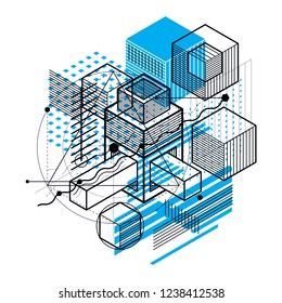 Isometric abstract background with lines and other different elements, vector abstract template. Composition of cubes, hexagons, squares, rectangles and different abstract elements.