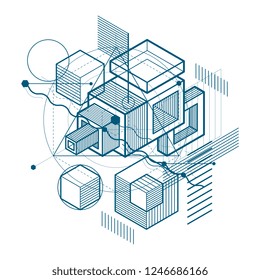 Isometric abstract background with lines and other different elements, vector abstract template. Composition of cubes, hexagons, squares, rectangles and different abstract elements.