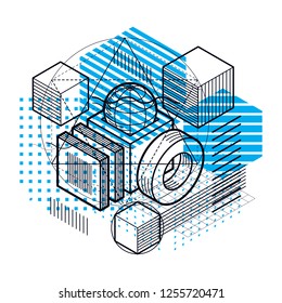 Isometric abstract background with lines and other different elements, vector abstract template. Composition of cubes, hexagons, squares, rectangles and different abstract elements.