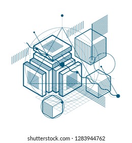 Isometric abstract background with lines and other different elements, vector abstract template. Composition of cubes, hexagons, squares, rectangles and different abstract elements.