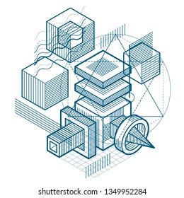Isometric abstract background with lines and other different elements, vector abstract template. Composition of cubes, hexagons, squares, rectangles and different abstract elements.