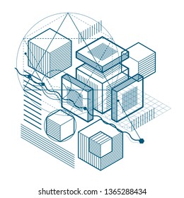 Isometric abstract background with lines and other different elements, vector abstract template. Composition of cubes, hexagons, squares, rectangles and different abstract elements.