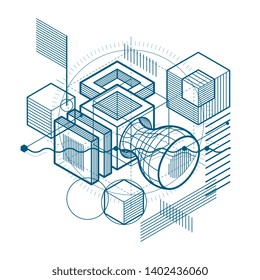 Isometric abstract background with lines and other different elements, vector abstract template. Composition of cubes, hexagons, squares, rectangles and different abstract elements.