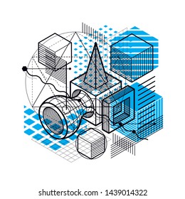 Isometric abstract background with lines and other different elements, vector abstract template. Composition of cubes, hexagons, squares, rectangles and different abstract elements.
