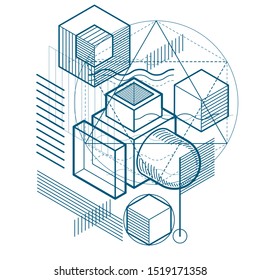 Isometric abstract background with lines and other different elements, vector abstract template. Composition of cubes, hexagons, squares, rectangles and different abstract elements.