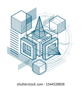 Isometric abstract background with lines and other different elements, vector abstract template. Composition of cubes, hexagons, squares, rectangles and different abstract elements.