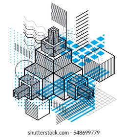 Isometric abstract background with lines and other different elements, vector abstract template. Composition of cubes, hexagons, squares, rectangles and different abstract elements.