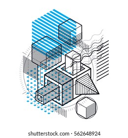 Isometric abstract background with lines and other different elements, vector abstract template. Composition of cubes, hexagons, squares, rectangles and different abstract elements.