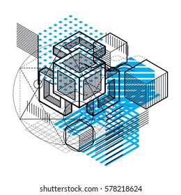 Isometric abstract background with lines and other different elements, vector abstract template. Composition of cubes, hexagons, squares, rectangles and different abstract elements.