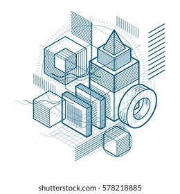 Isometric abstract background with lines and other different elements, vector abstract template. Composition of cubes, hexagons, squares, rectangles and different abstract elements.