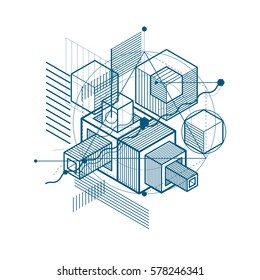 Isometric abstract background with lines and other different elements, vector abstract template. Composition of cubes, hexagons, squares, rectangles and different abstract elements.